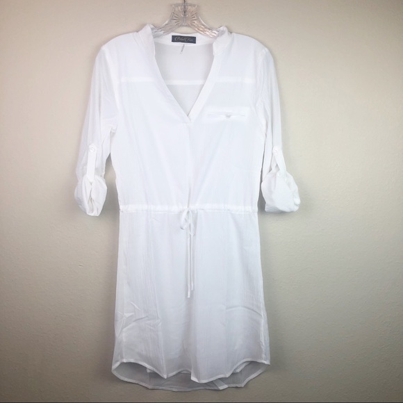 Petal Roz Dresses & Skirts - Petal Roz White Tunic V-Neck Waist Tie Long Sleeve Mini Dress